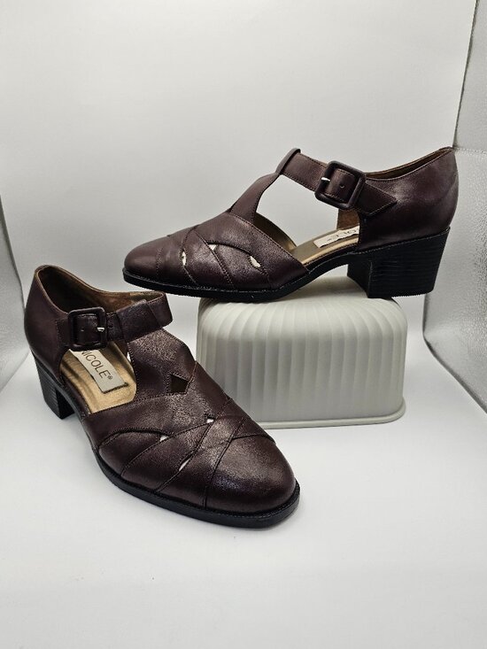 Nicole Shoes - Nicole “Jillian” Dark Brown Leather T‑Strap Woven Pumps – Size 8M, Vintage